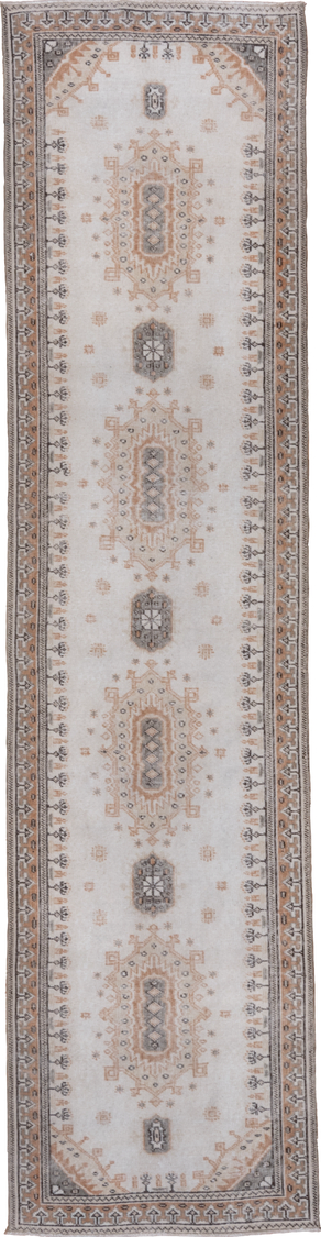 2' x 10' one-of-a-kind handmade vintage Oushak runner rug. Color palette: brown, gainsboro, gray, light gray, off-white