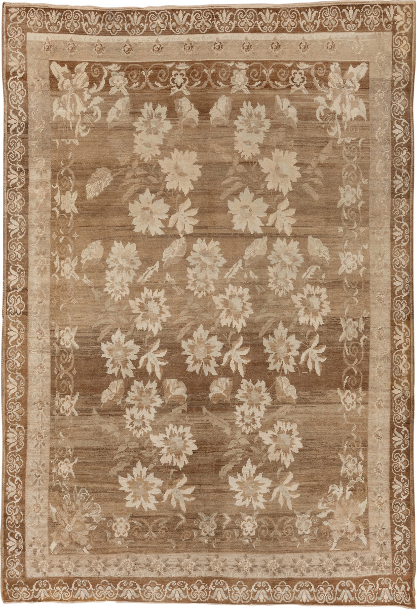 7' x 10' one-of-a-kind handmade vintage Oushak large size rug. Color palette: brown, gray, light gray