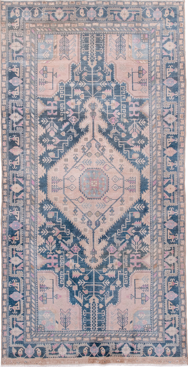 4' x 9' one-of-a-kind handmade vintage Hamadan rug. Color palette: blue, dim gray, gainsboro, gray, light gray