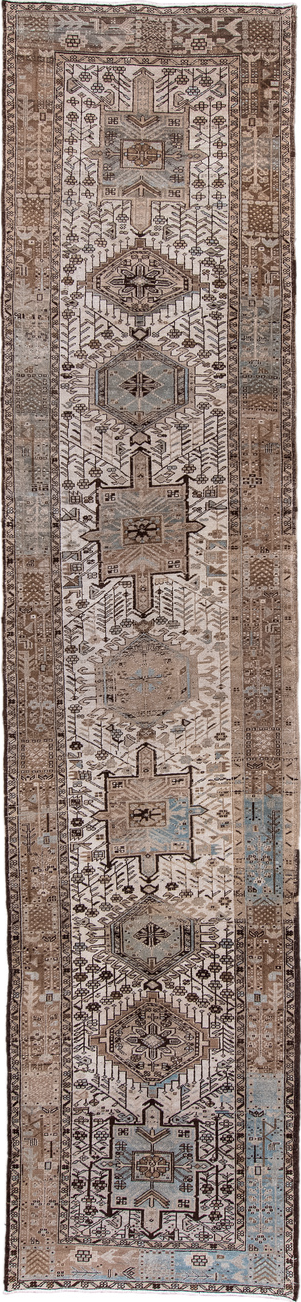 3' x 14' one-of-a-kind handmade vintage Heriz runner rug. Color palette: black, brown, dim gray, gray, light gray, silver