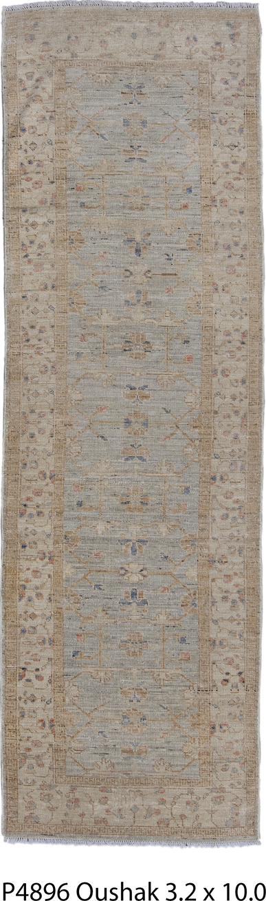 3' x 10' one-of-a-kind handmade vintage Oushak runner rug. Color palette: dark gray, gray, light blue, light gray
