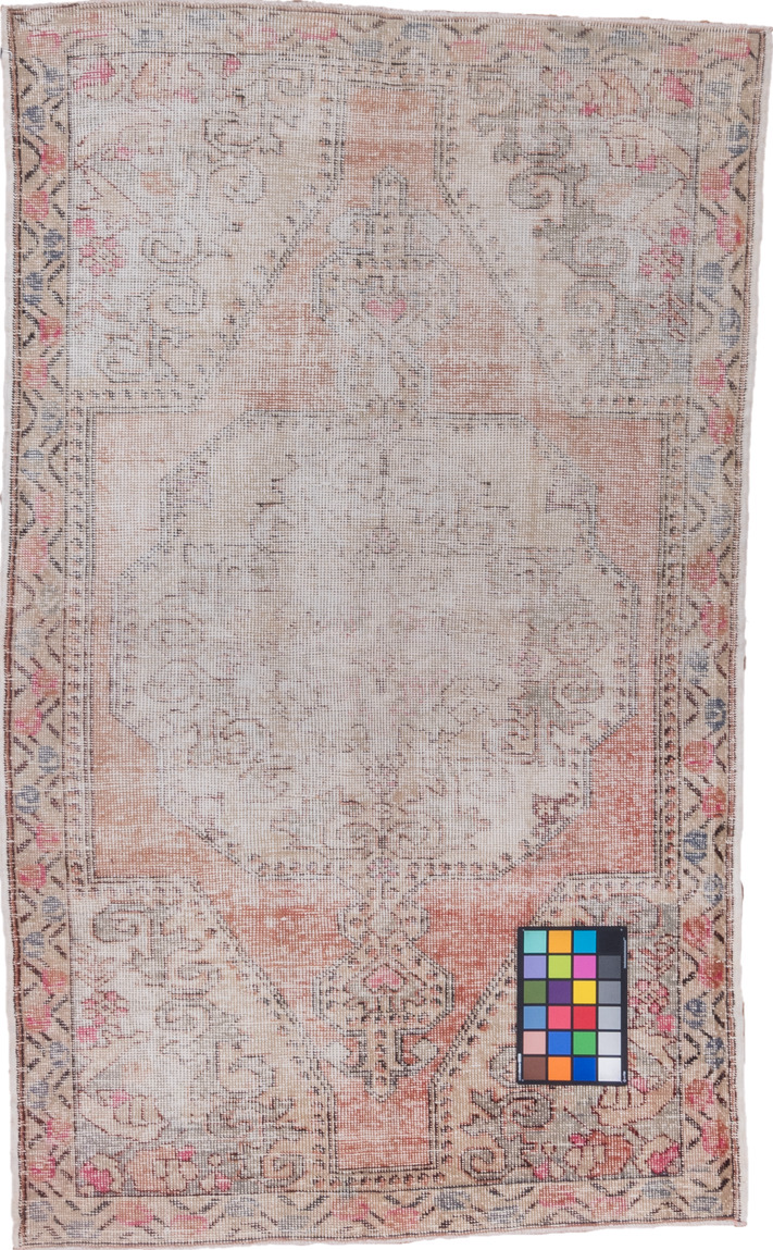 4' x 7' one-of-a-kind handmade vintage Oushak rug. Color palette: brown, dark gray, gainsboro, gray, green, light blue