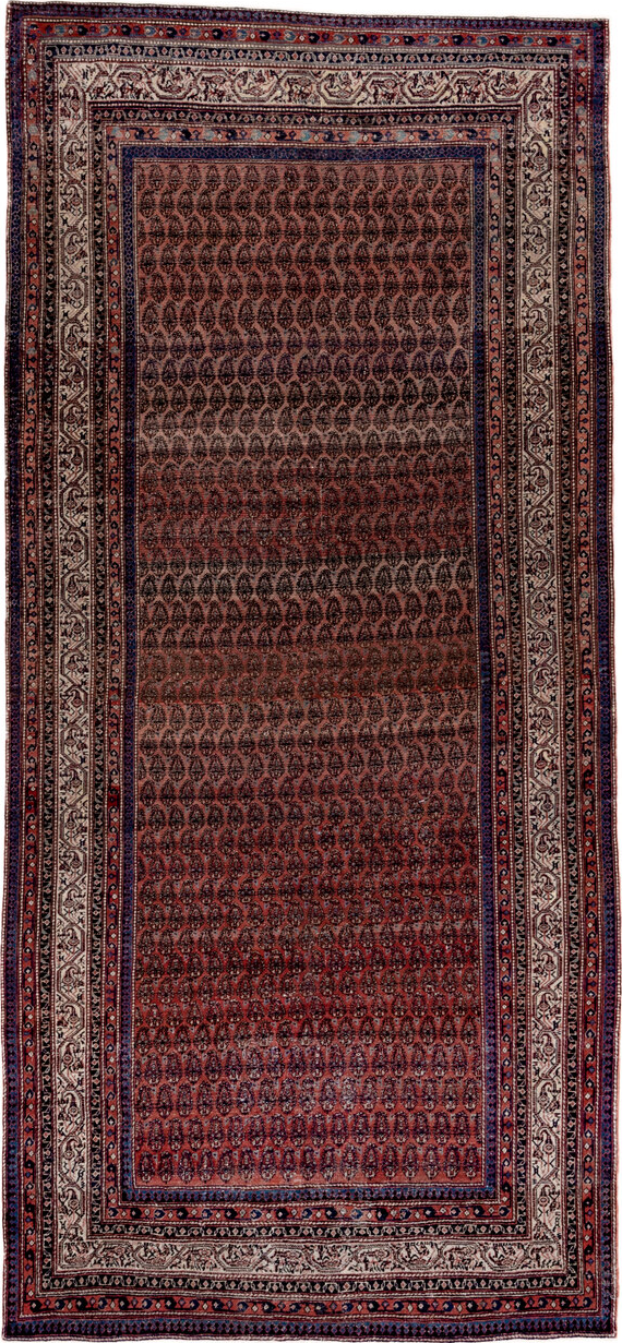 5' x 12' one-of-a-kind handmade vintage Saraband rug. Color palette: brown, gray, light gray, off-white, pink, red, redwood