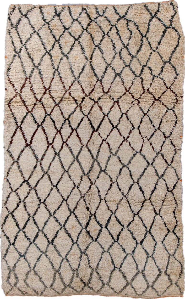 6' x 9' one-of-a-kind handmade vintage Moroccan medium size rug. Color palette: light gray, off-white, gray, brown, black
