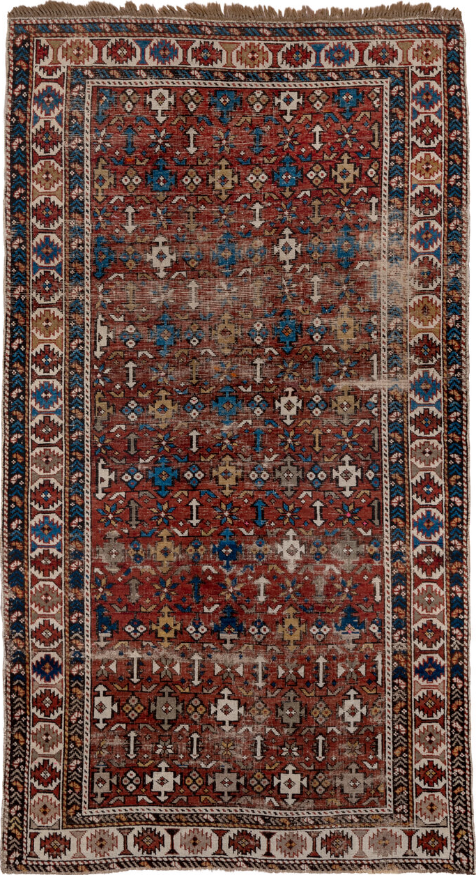 4' x 7' one-of-a-kind handmade vintage Shirvan rug. Color palette: arapawa, blue, brown, gray, light gray, pink, red