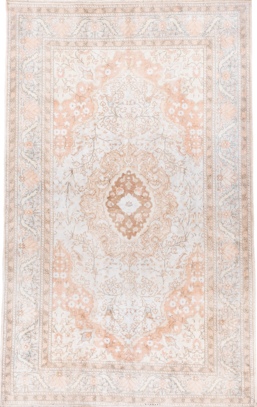 3' x 6' one-of-a-kind handmade vintage Kaisary small size rug. Color palette: antiquewhite, brown, gainsboro, gray