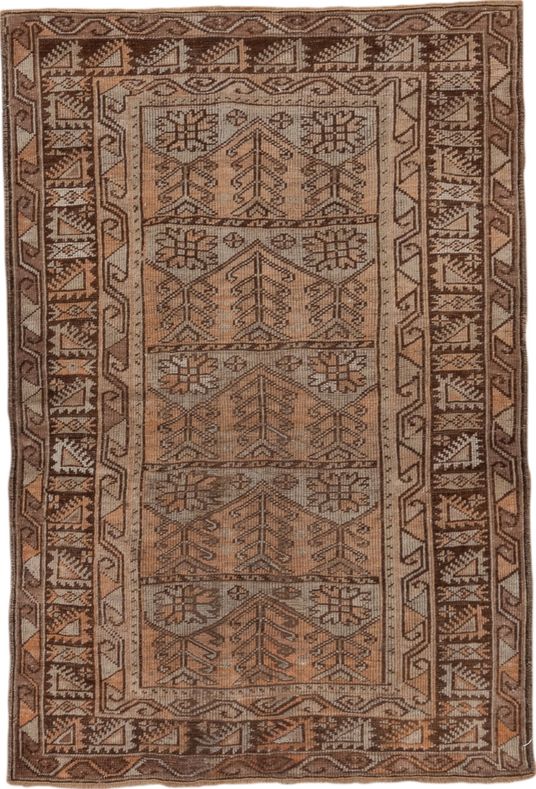3' x 4' one-of-a-kind handmade vintage Oushak small size rug. Color palette: brown, gray, light gray, off-white, pink