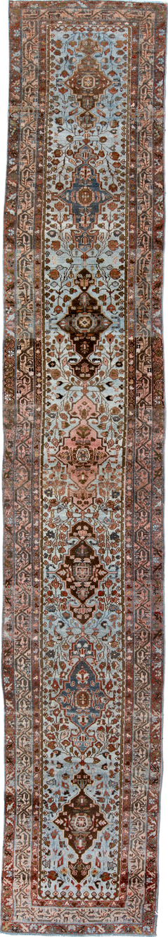2' x 16' one-of-a-kind handmade vintage Malayer runner rug. Color palette: black, brown, charcoal, dark gray, gray