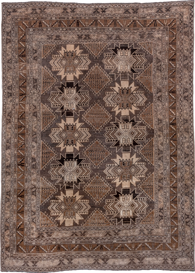 7' x 9' one-of-a-kind handmade vintage Afghan rug. Color palette: black, brown, charcoal, gray, light gray, off-white, pink