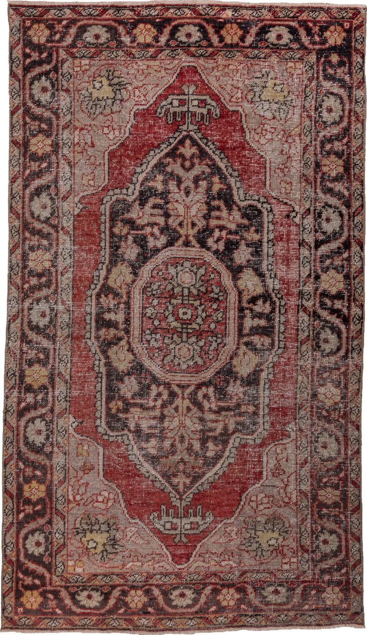5' x 8' one-of-a-kind handmade vintage Oushak medium size rug. Color palette: brown, gray, light gray, off-white, pink, red