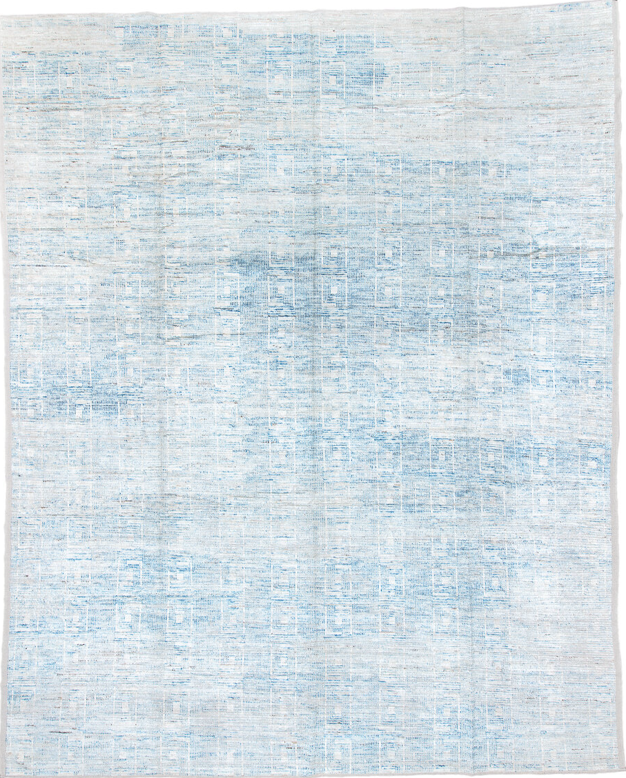 13' x 16' one-of-a-kind handmade vintage Tulu oversize rug. Color palette: blue, dark gray, gray, light blue, light gray