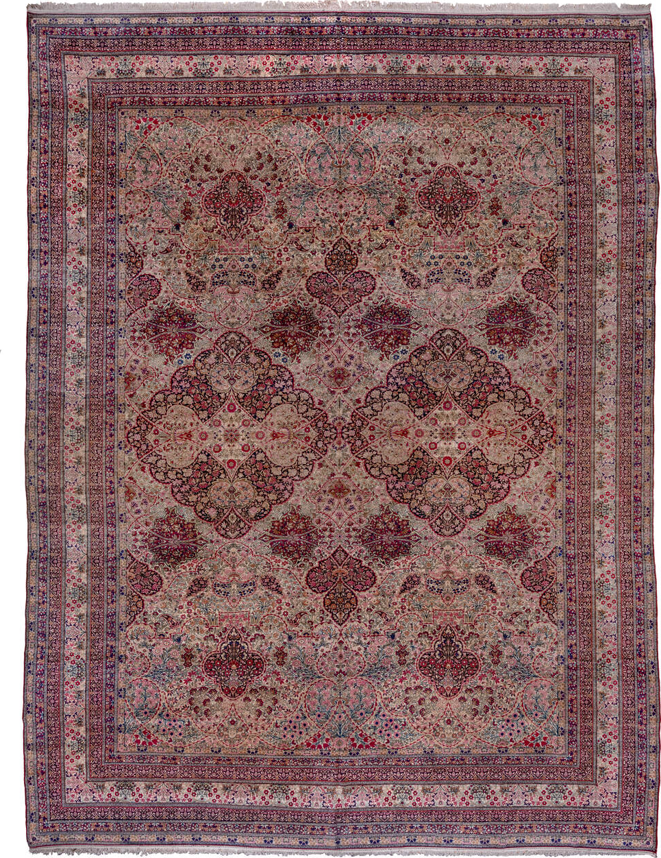 16' x 21' one-of-a-kind handmade vintage Lavar oversize rug. Color palette: black, blue, brown, gray, light gray, pink, red