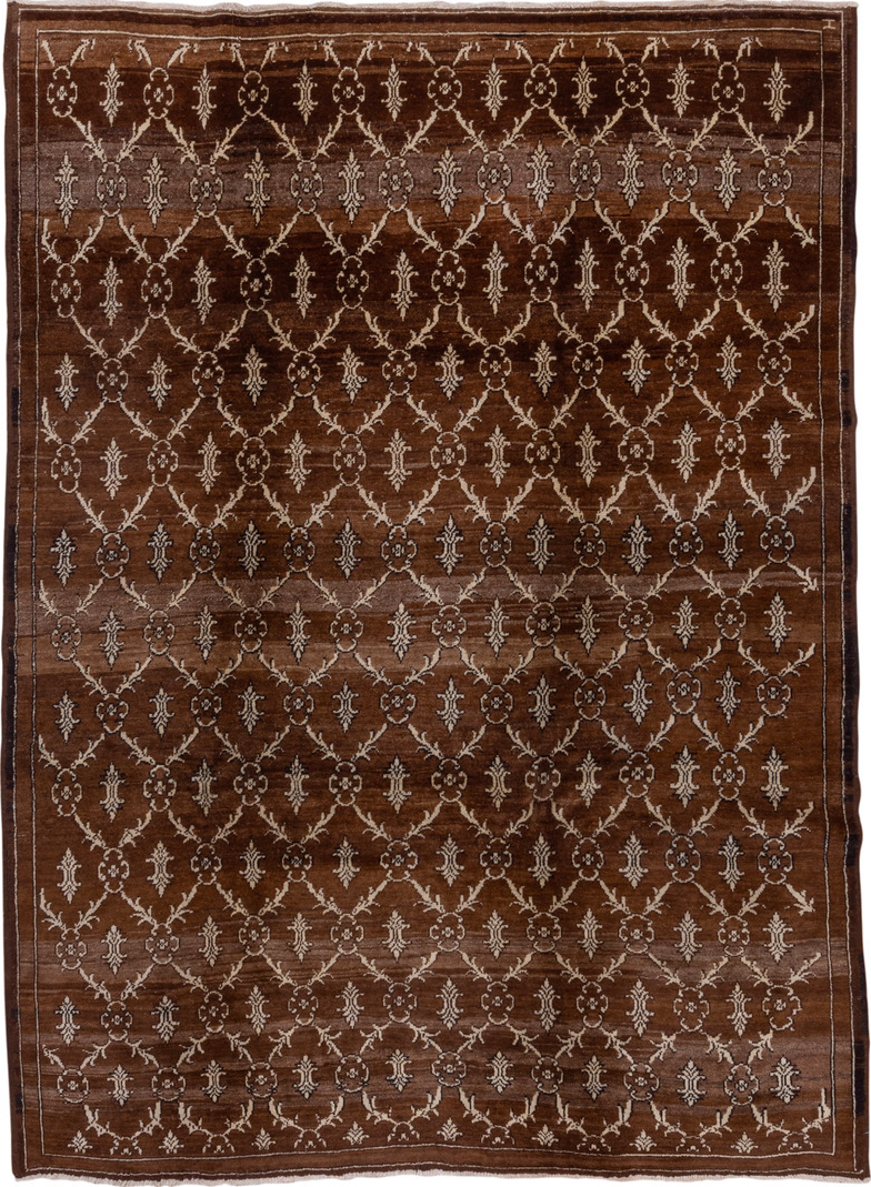 7' x 9' one-of-a-kind handmade vintage Kars rug. Color palette: brown, gray, light gray, off-white, pink