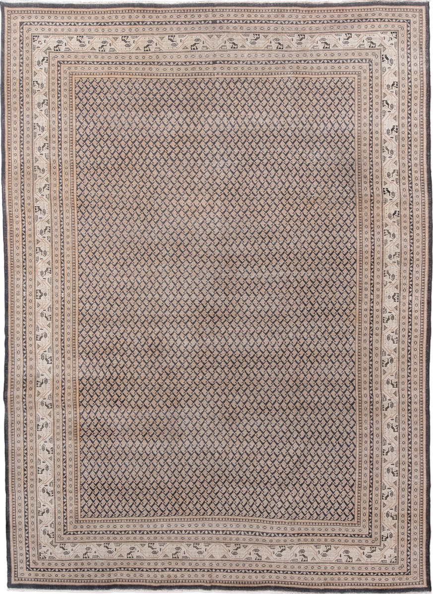 8' x 11' one-of-a-kind handmade vintage Saraband large size rug. Color palette: black, blue, brown, charcoal, gray
