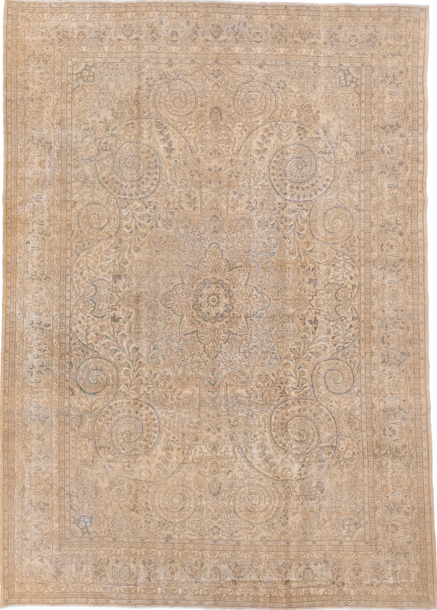 8' x 11' one-of-a-kind handmade vintage Kaisary large size rug. Color palette: brown, gray, off-white, orange, pink