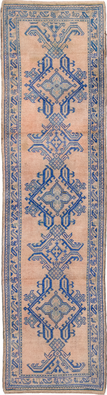 3' x 11' one-of-a-kind handmade vintage Oushak runner rug. Color palette: blue, brown, dark gray, fiord, gray, light blue