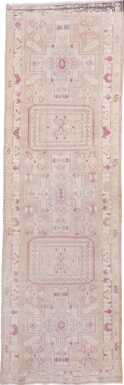3' x 10' one-of-a-kind handmade vintage  runner rug. Color palette: gray, light gray, linen, off-white, pink, snow, white