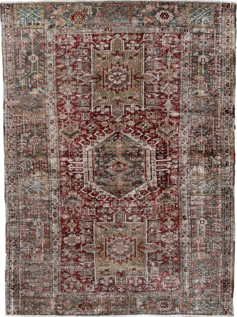 4' x 6' one-of-a-kind handmade vintage Karaje small size rug. Color palette: pink, off-white, gray, light gray, brown, red