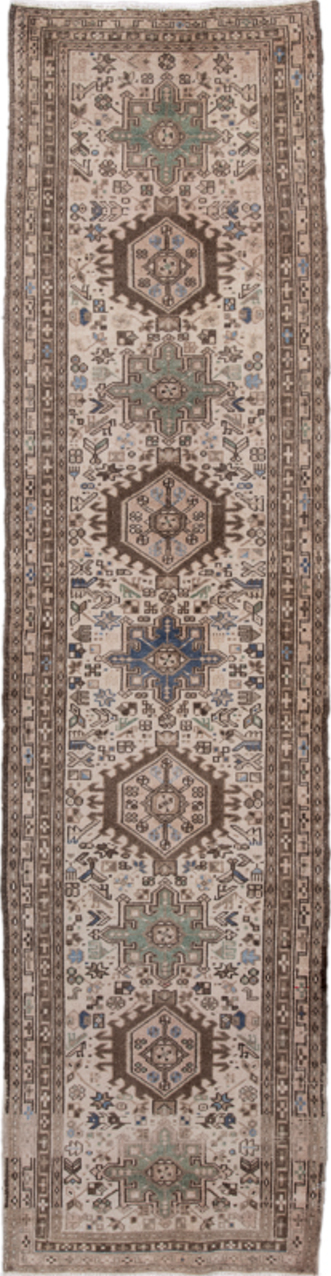 2' x 9' one-of-a-kind handmade vintage Karaje runner rug. Color palette: blue, brown, gray, light gray, light slate gray