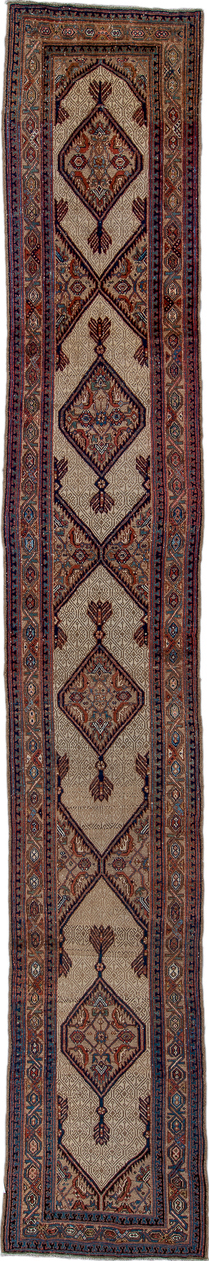 2' x 17' one-of-a-kind handmade vintage Cam Hamadan runner rug. Color palette: black, blue, brown, fiord, gray, red, redwood