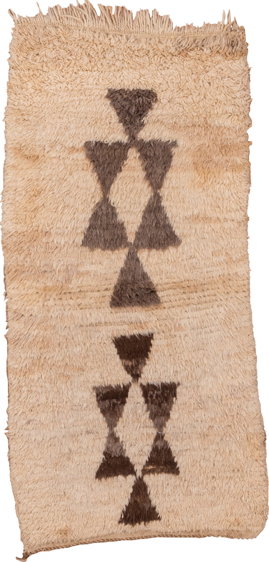 2' x 5' one-of-a-kind handmade vintage Moroccan small size rug. Color palette: brown, off-white, orange, pink, gray