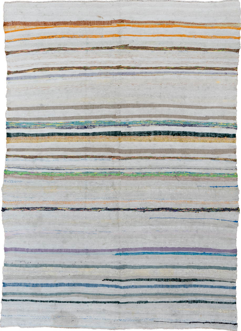 6' x 8' one-of-a-kind handmade vintage Rag Rug medium size rug. Color palette: blue, brown, dark gray, fiord, gainsboro