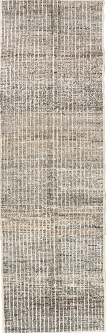 3' x 9' one-of-a-kind handmade vintage Tulu runner rug. Color palette: brown, dim gray, gray, light gray, off-white, pink