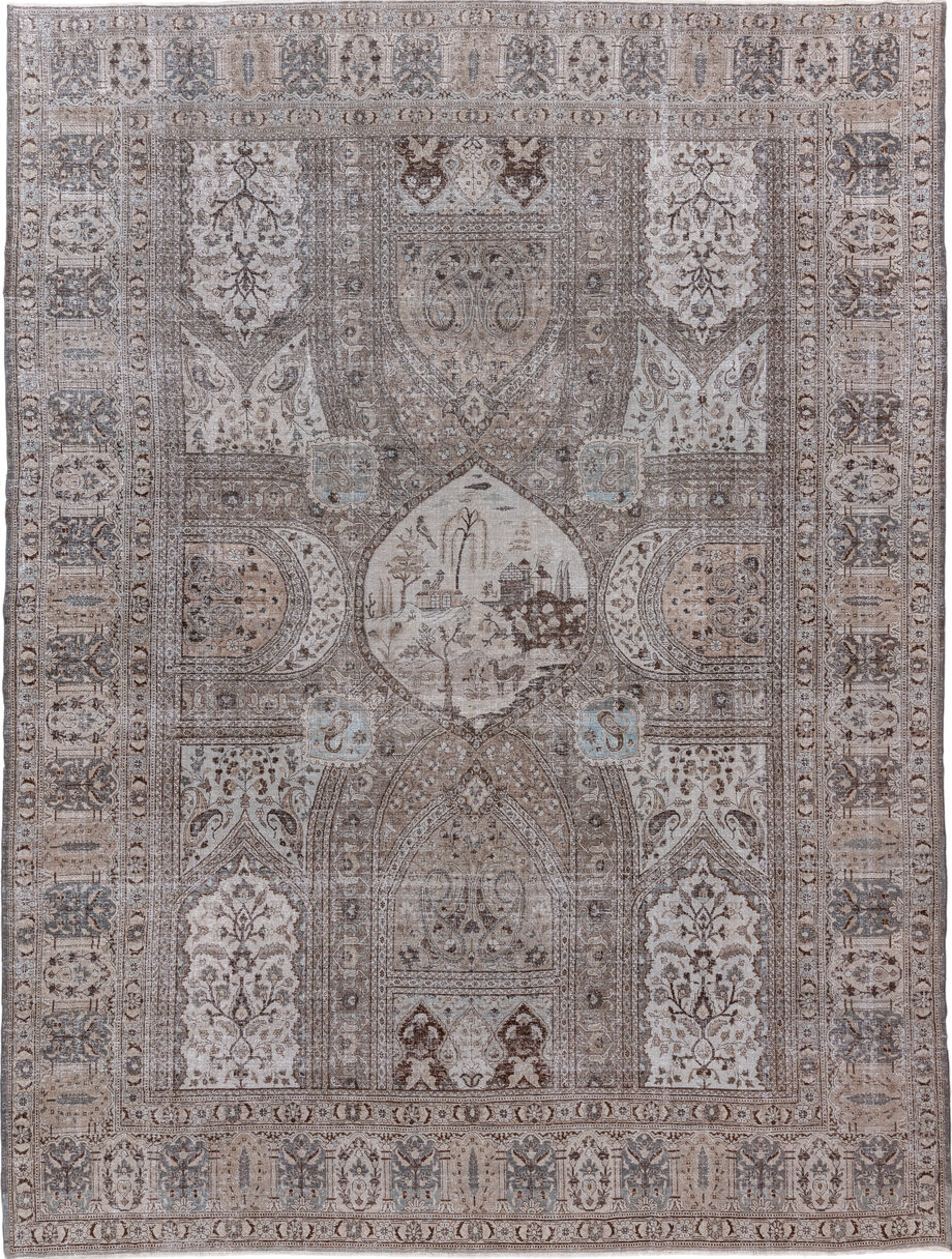 11' x 15' one-of-a-kind handmade vintage Tabriz oversize rug. Color palette: brown, dim gray, gainsboro, gray, light gray