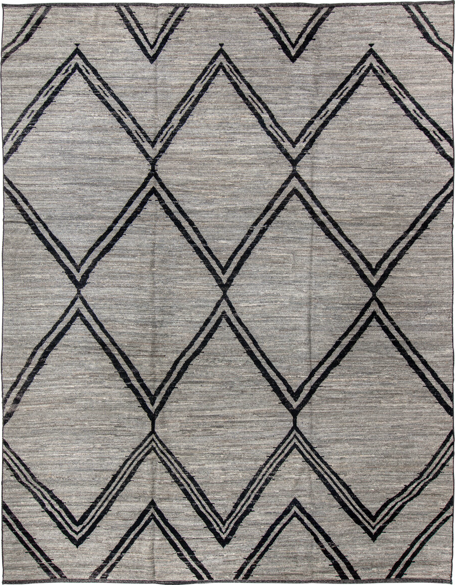 9' x 12' one-of-a-kind handmade vintage Tulu large size rug. Color palette: black, charcoal, dark gray, dim gray, gray