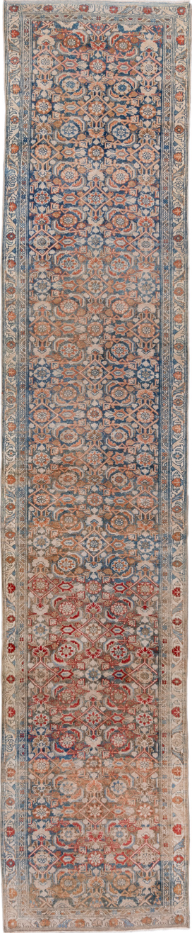 2' x 13' one-of-a-kind handmade vintage Malayer runner rug. Color palette: blue, brown, dark gray, dim gray, gray