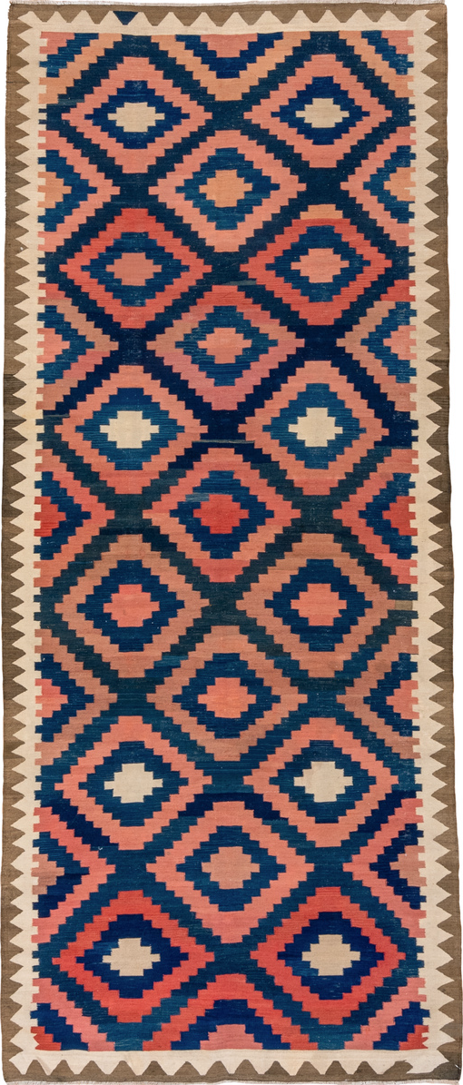4' x 10' one-of-a-kind handmade vintage Kilim runner rug. Color palette: blue, brown, gray, off-white, orange, pink, red