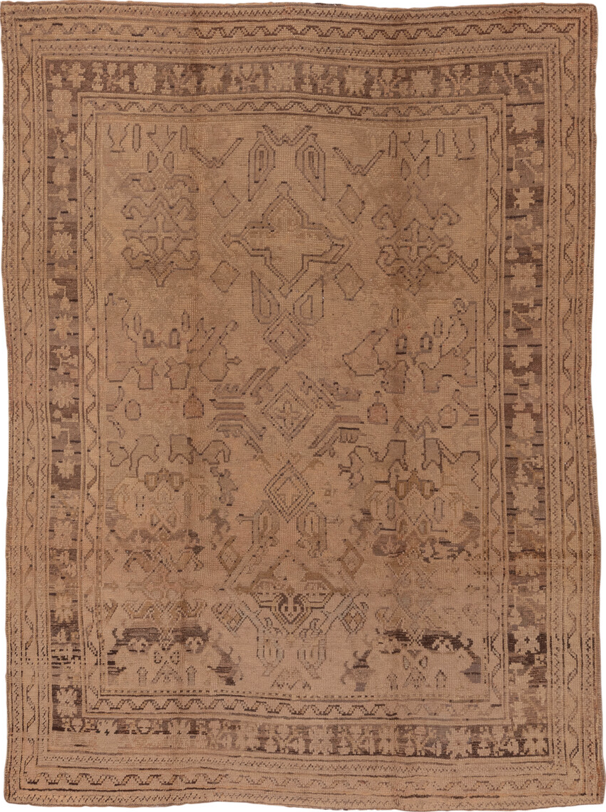 7' x 10' one-of-a-kind handmade vintage Oushak large size rug. Color palette: brown, off-white, redwood, seashell, snow