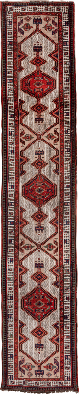 2' x 14' one-of-a-kind handmade vintage Sarab runner rug. Color palette: brown, dim gray, fire brick, gray, light gray