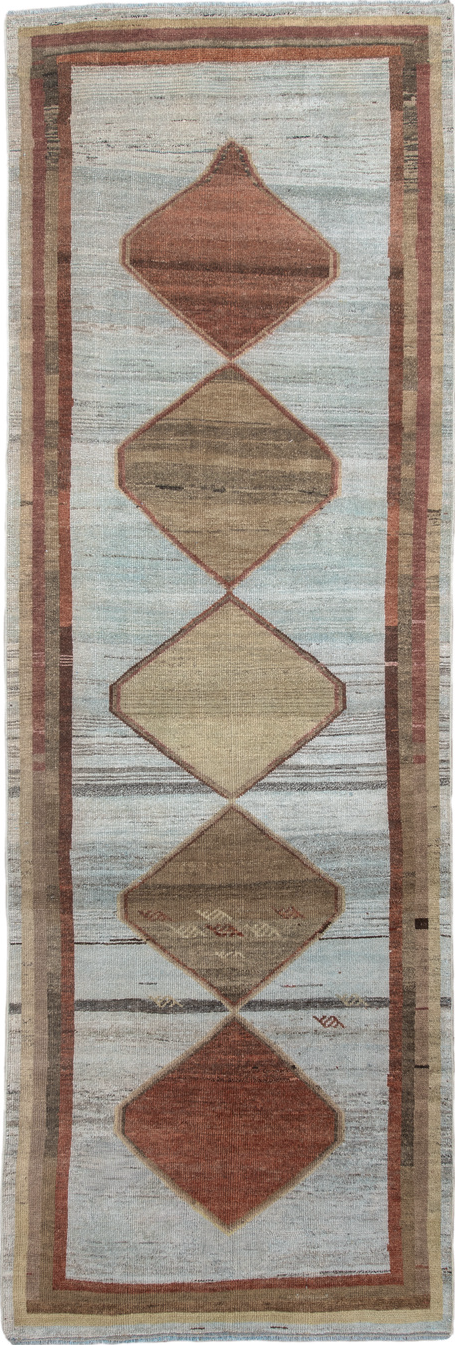3' x 10' one-of-a-kind handmade vintage Gabbe runner rug. Color palette: black, brown, dark gray, gray, light gray