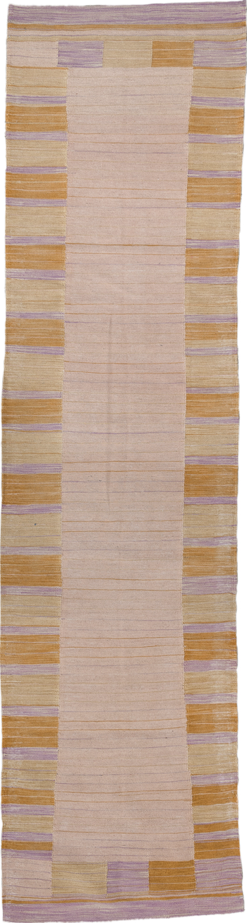 2' x 10' one-of-a-kind handmade vintage Kilim runner rug. Color palette: brown, gray, light gray, pink