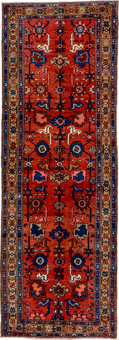 3' x 9' one-of-a-kind handmade vintage Malayer runner rug. Color palette: black, brown, dark red, gray, off-white, orange