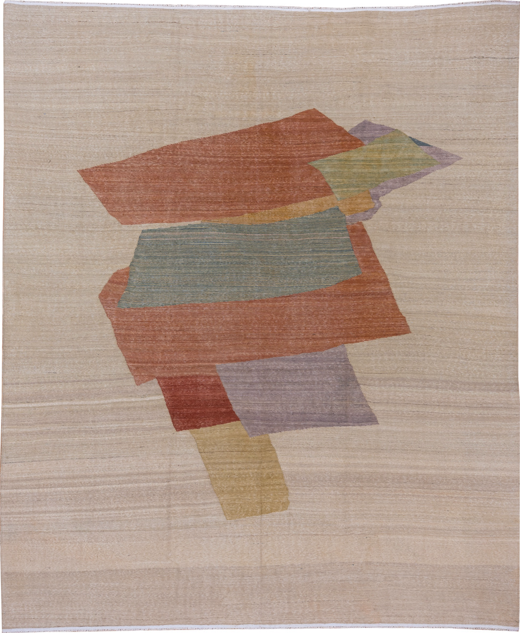 8' x 9' one-of-a-kind handmade vintage Kilim rug. Color palette: gray, light gray, pink