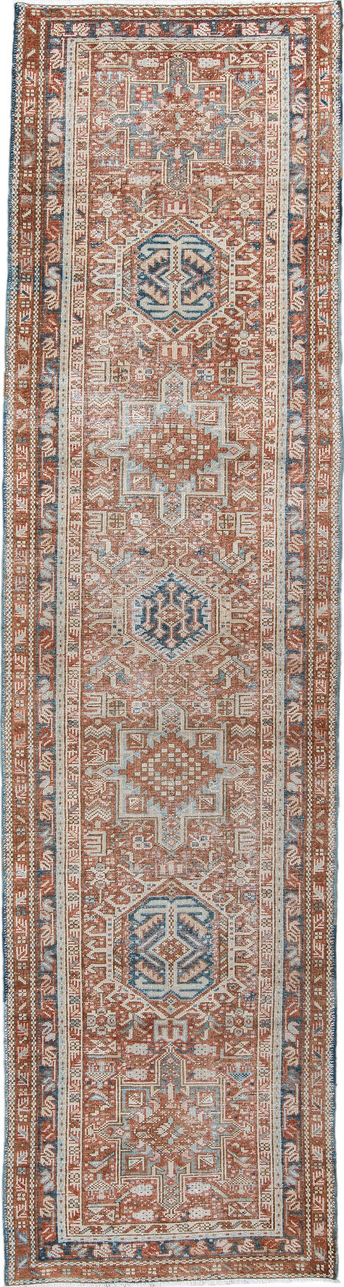 3' x 11' one-of-a-kind handmade vintage Karaje runner rug. Color palette: blue, brown, dark gray, dim gray, gainsboro, gray