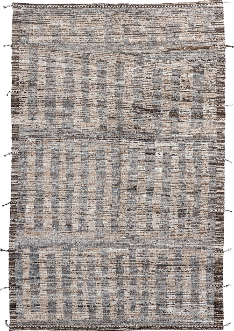 6' x 9' one-of-a-kind handmade vintage Tulu medium size rug. Color palette: black, brown, dark gray, dim gray, gray