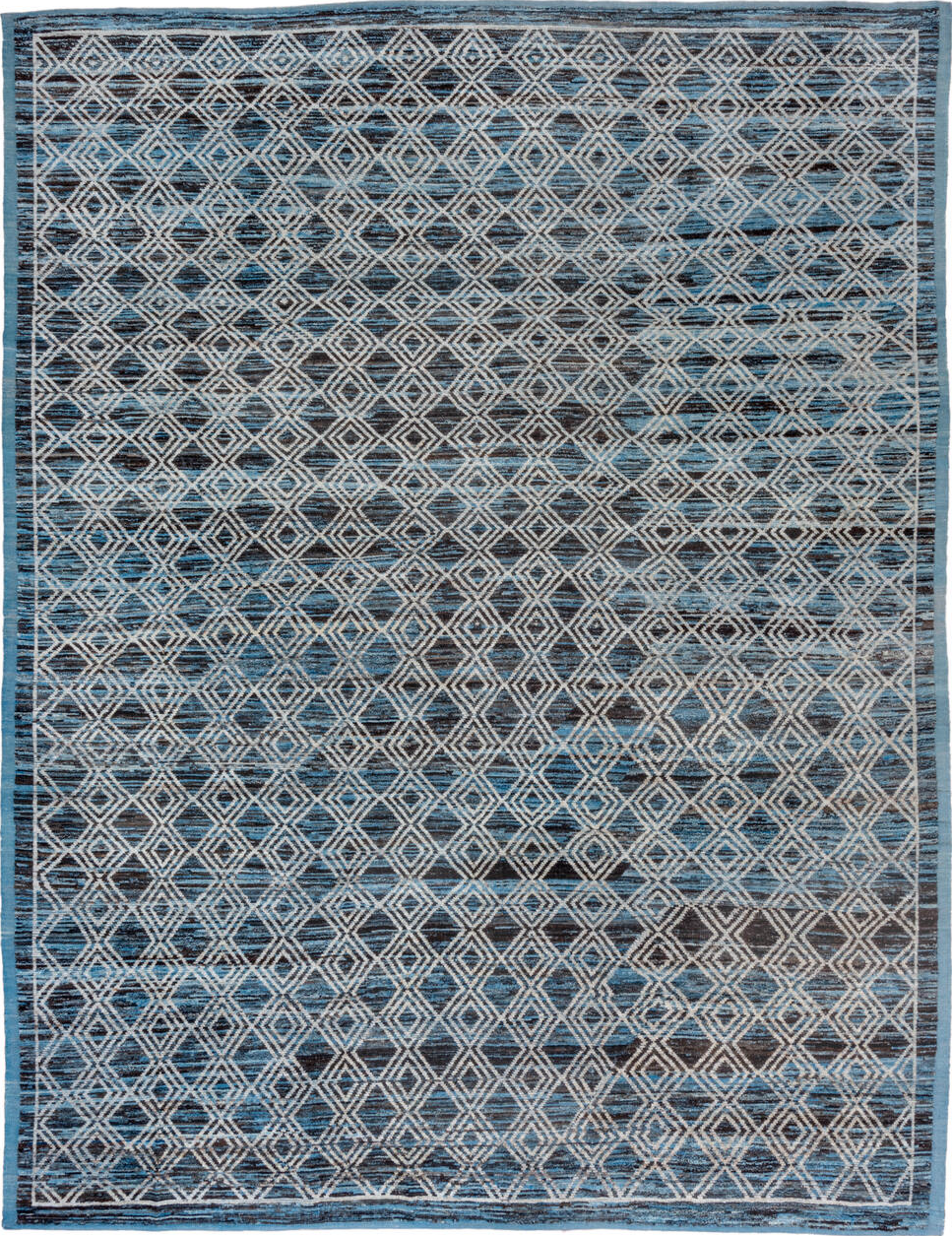10' x 13' one-of-a-kind handmade vintage Tulu large size rug. Color palette: arapawa, black, blue, charcoal, dark gray