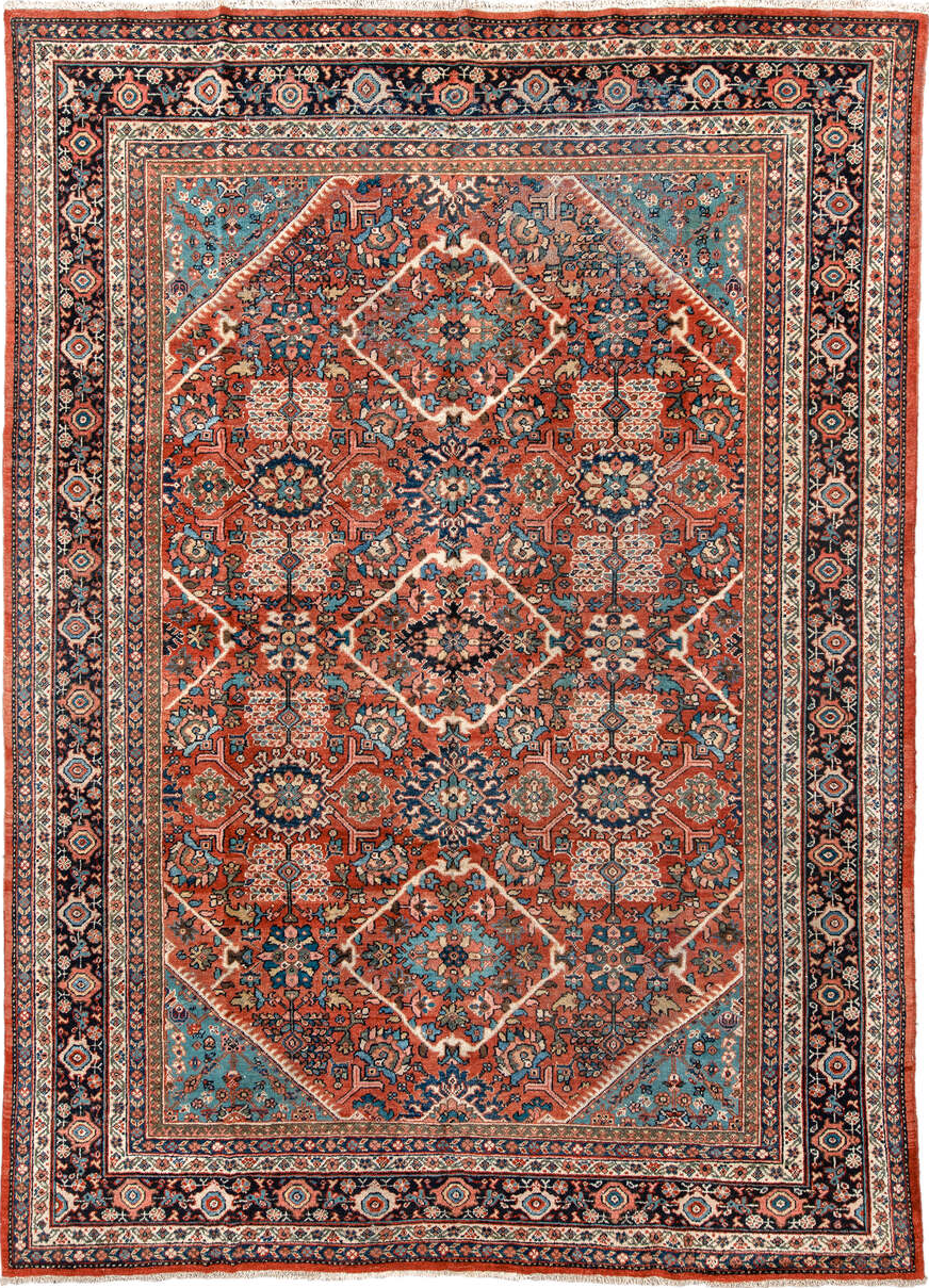 8' x 12' one-of-a-kind handmade vintage Mahal large size rug. Color palette: antiquewhite, arapawa, black, blue, brown