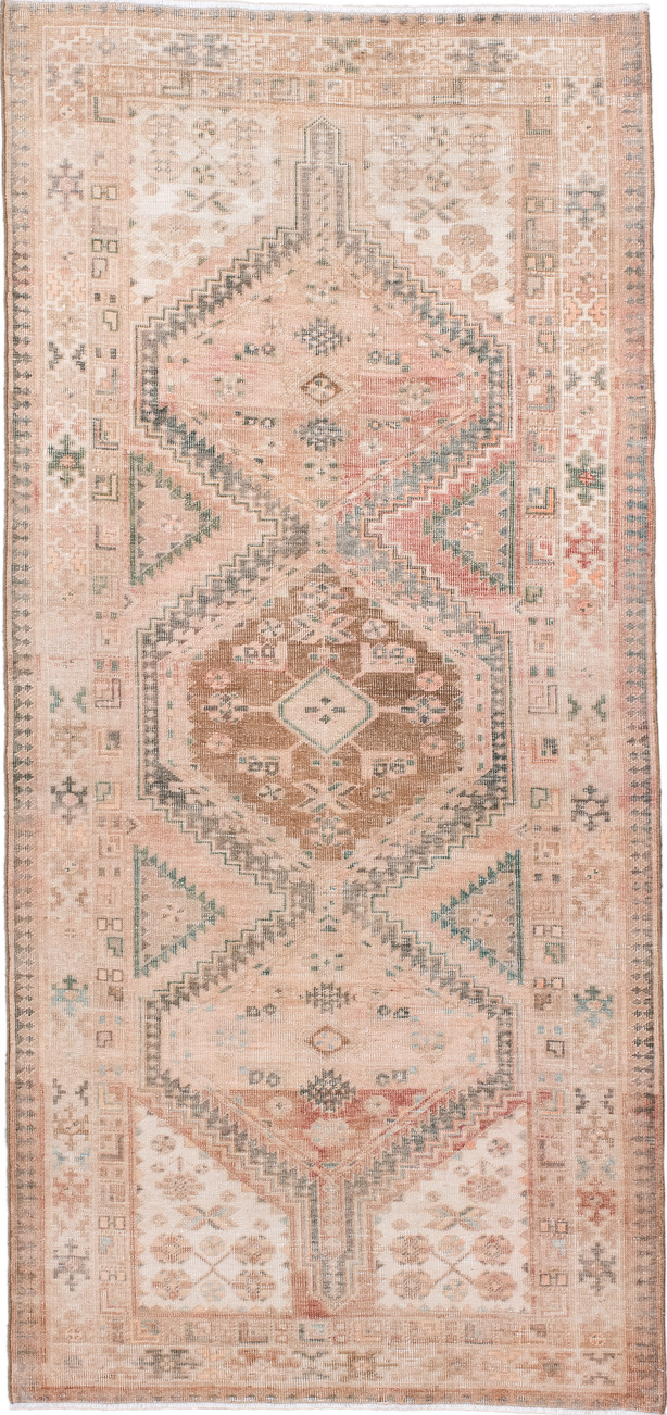 3' x 7' one-of-a-kind handmade vintage Sarab runner rug. Color palette: antiquewhite, black, brown, gray, linen, off-white