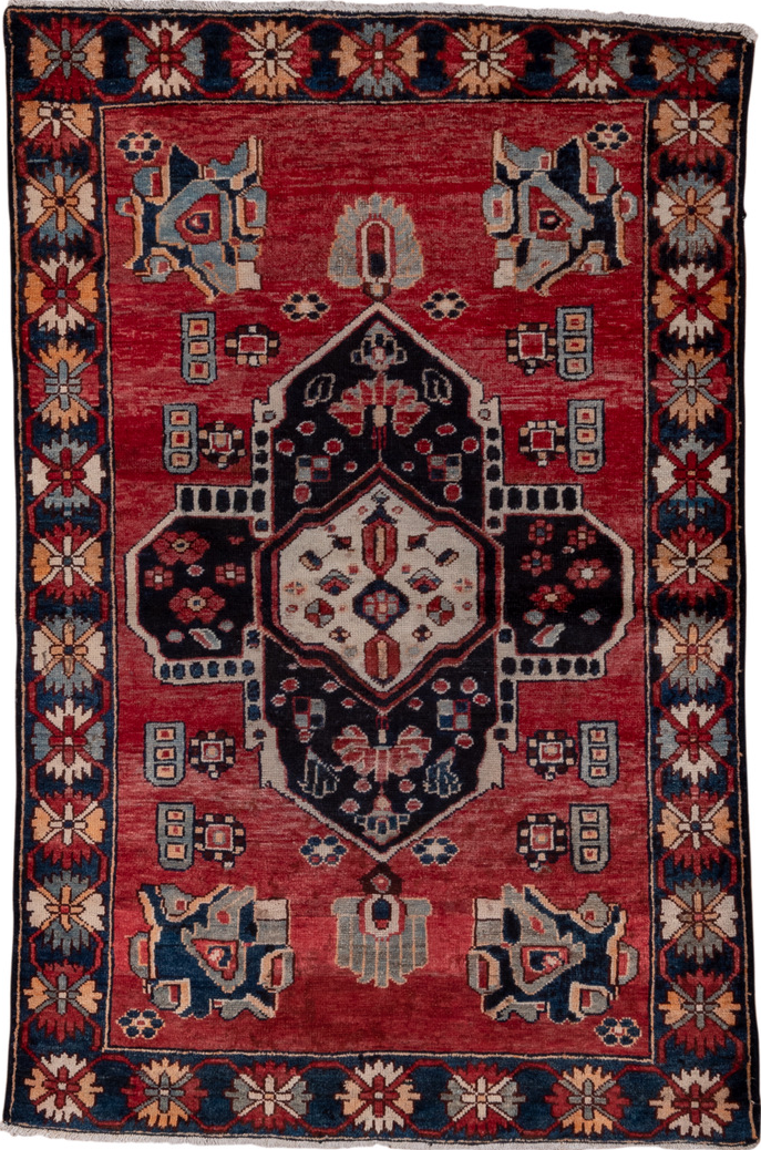 4' x 6' one-of-a-kind handmade vintage Mahal small size rug. Color palette: black, brown, dim gray, gray, pink, red