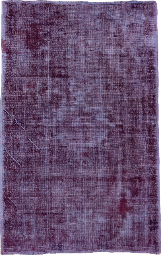 4' x 6' one-of-a-kind handmade vintage Overdyed small size rug. Color palette: black, gray, pink