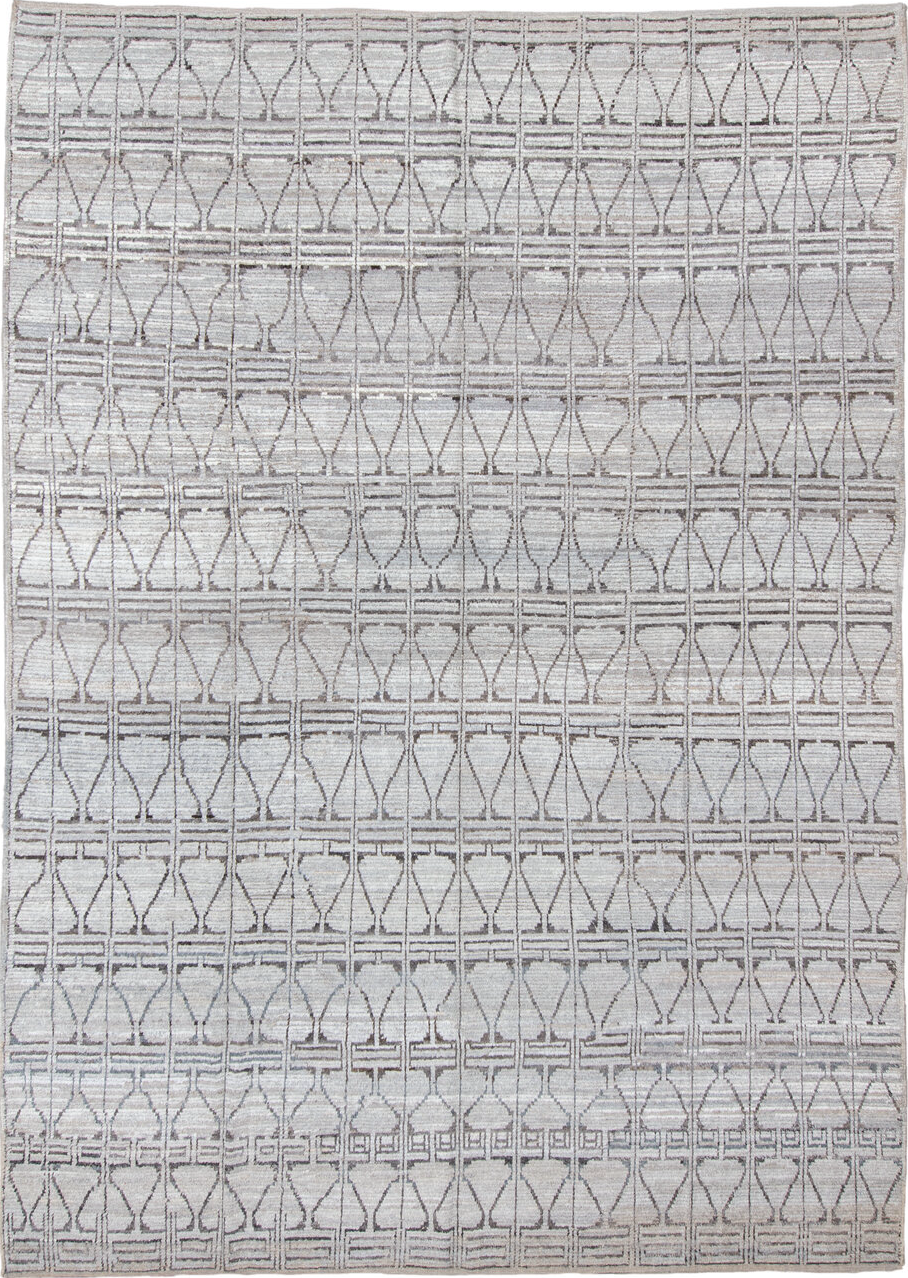 10' x 14' one-of-a-kind handmade vintage Tulu large size rug. Color palette: gray, light gray, off-white, pink, dark gray