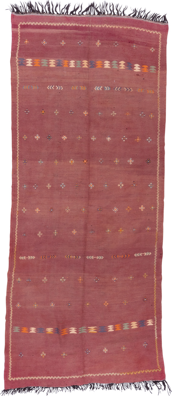 5' x 12' one-of-a-kind handmade vintage Kilim rug. Color palette: brown, gray, light gray, orange, pink, red