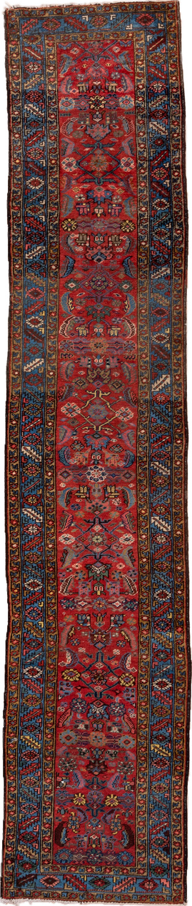 2' x 13' one-of-a-kind handmade vintage Heriz runner rug. Color palette: black, blue, brown, fiord, gray, indian red, pink
