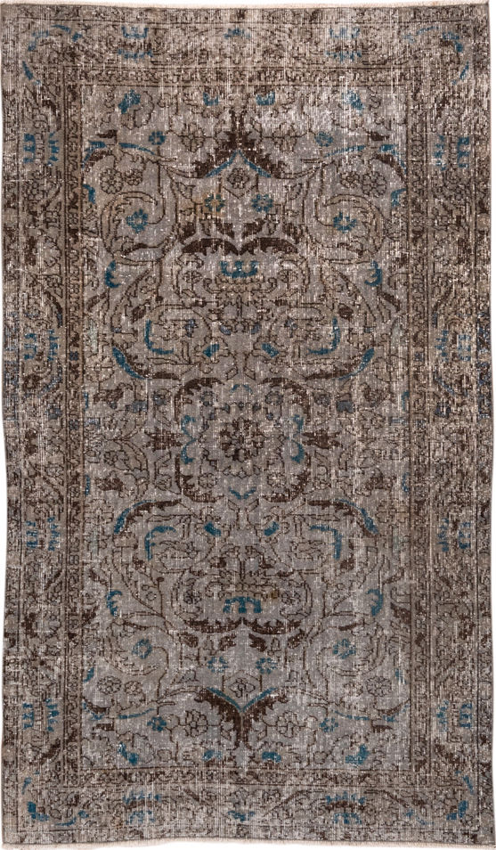 3' x 6' one-of-a-kind handmade vintage Overdyed small size rug. Color palette: blue, brown, gray, light gray, off-white
