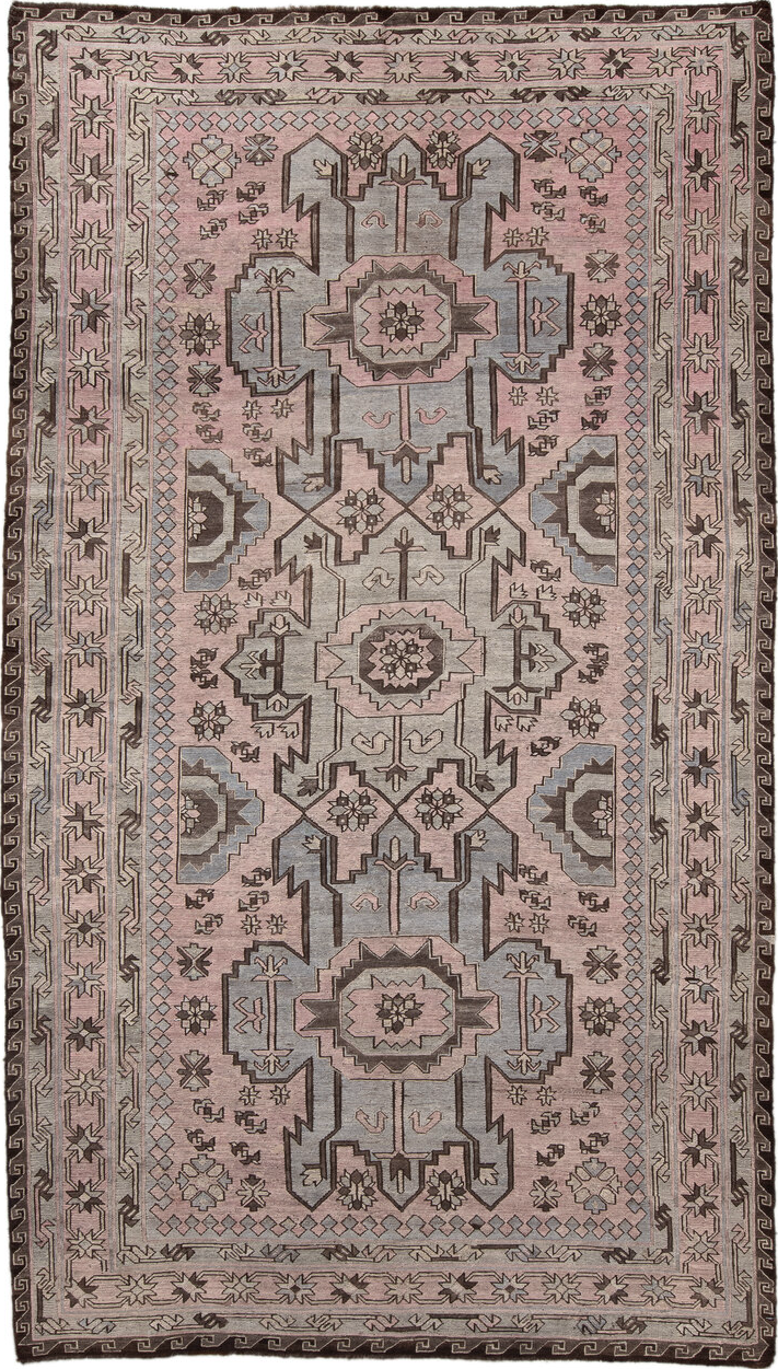 6' x 11' one-of-a-kind handmade vintage Sumak large size rug. Color palette: brown, gray, light gray, off-white, pink