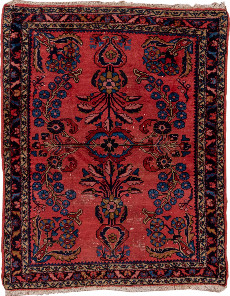 3' x 4' one-of-a-kind handmade vintage Lilian small size rug. Color palette: blue, brown, fiord, gray, pink, red, redwood